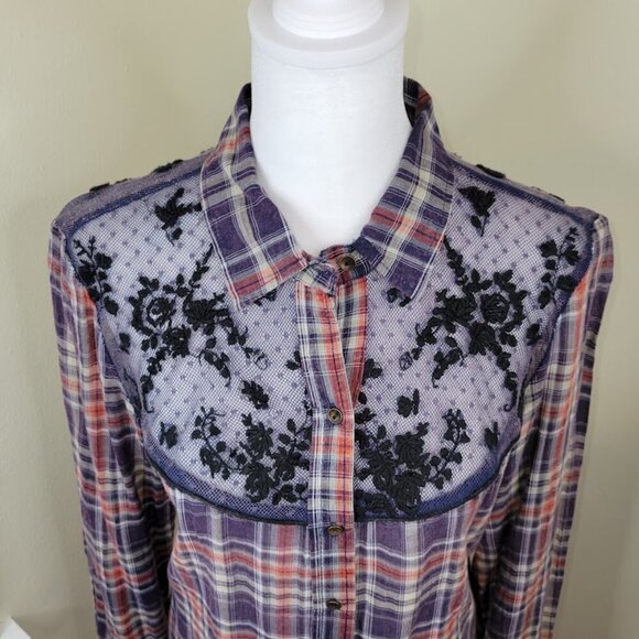 Free People Floral Lace Insert Plaid Cotton Top Long Sleeve Women's Size S - Picture 8 of 13